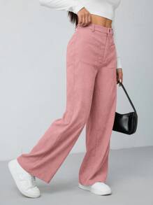 SHEIN PETITE 女士秋冬薄荷绿双口袋直筒裤 - 粉色 - 查看 3