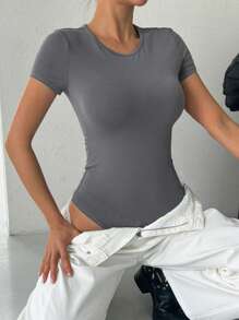 DAZY 1 件女式纯色紧身圆领性感短袖紧身衣夏季 - 深灰色 - 查看 3