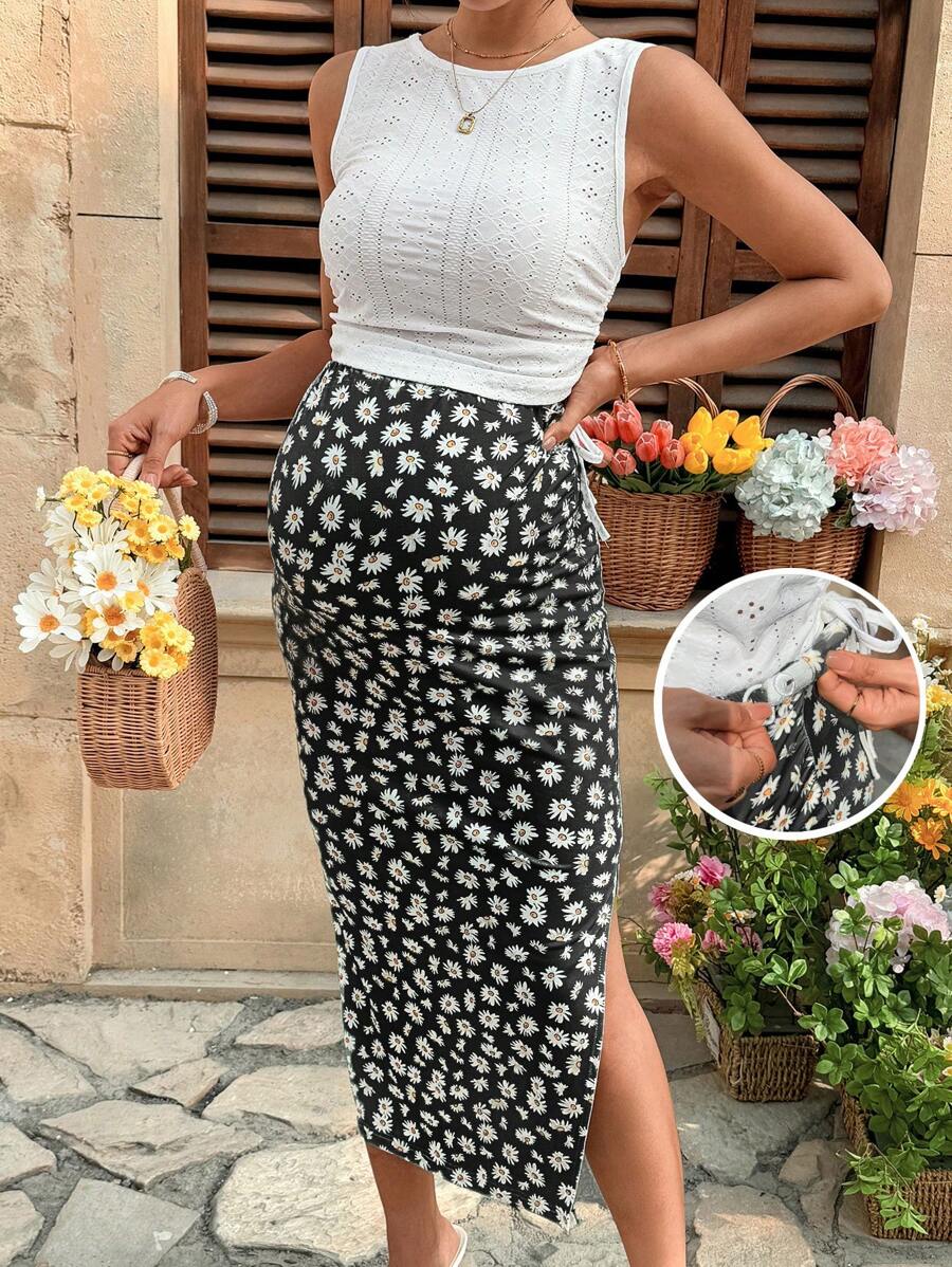 SHEIN 2 件孕妇休闲刺绣印花上衣和可调节腰部雏菊印花短裙套装 - 黑與白 - 查看 1
