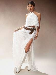 Hauture Women's Solid Color Contrast Tassel Sleeveless Halter Top Festival - White - View 2