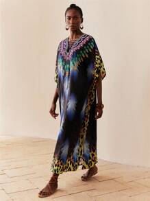 SHEIN Lady Women's Summer Boho Leopard & Feather Print Criss-Cross Tie Bat Wing Dress,Holiday Beach Vacation Casual Long Sleeve Sundresses,Bohemia Clothing,Blues - Multicolor - View 4