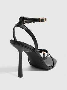 CUCCOO SZL Fashionable Black Metal Ring Ankle Strap Sandals With Metal Decoration, Sexy Square Toe Slim High Heels, Suitable For Commuting, Dating, Party, Wedding, Holiday For Christmas - Black - View 5