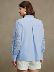 Anewsta Going Out Loose Fit White Solid Hollow Out Embroidered Long Sleeve Blouse, Spring - Blue - View 2