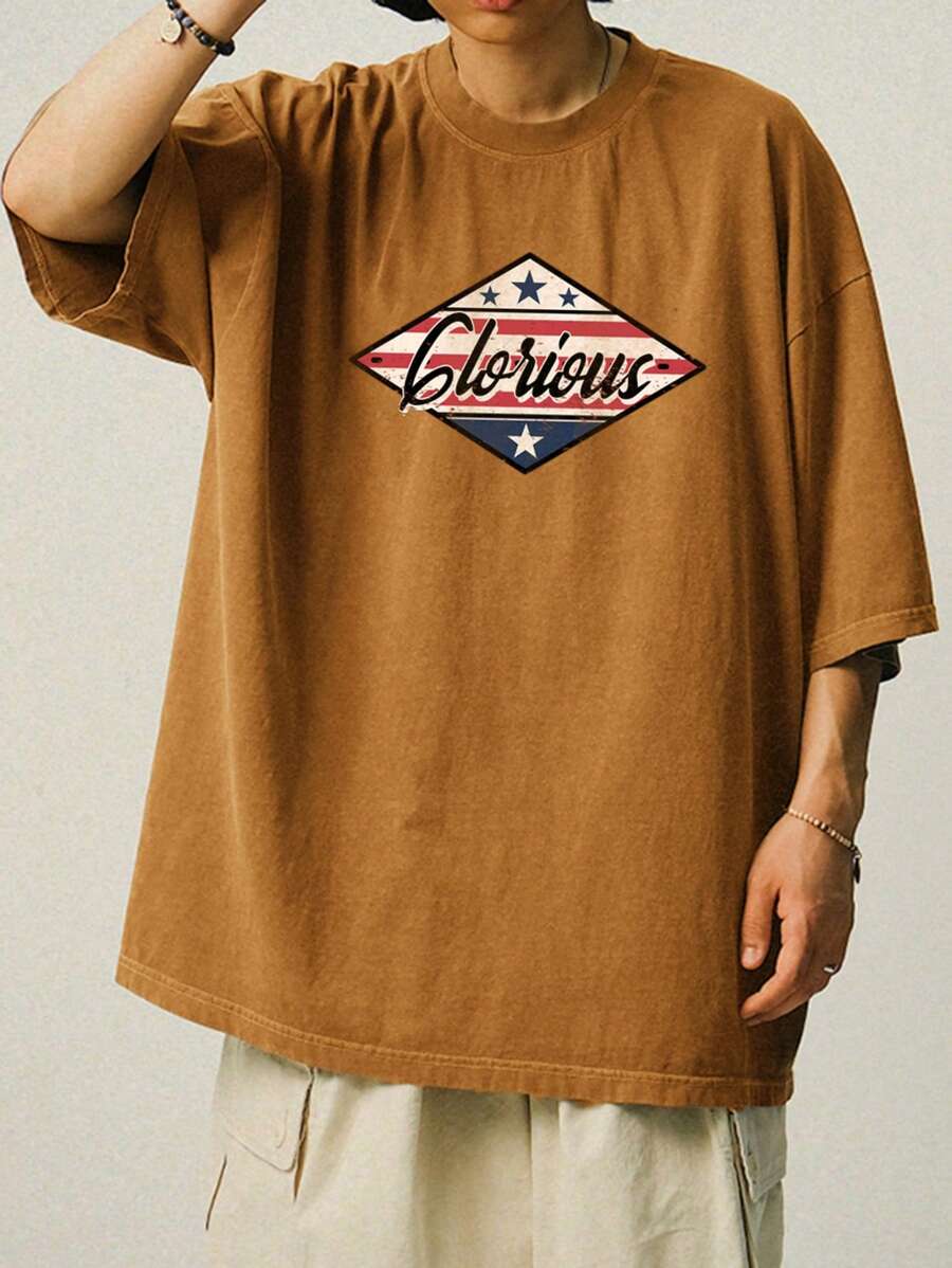 DAZY Herren Kamel-farbiges T-Shirt mit Amerikanischem Unabhängigkeitstag Muster & Schriftzug, Sommer, Grafik T-Shirts