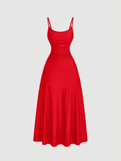 SHEIN MOD 大码女式纯色褶皱腰喇叭下摆细肩带连衣裙、半正式连衣裙、优雅茶会礼服、飘逸邮轮女装 女士舞会礼服 女士正式派对礼服 女士鸡尾酒会礼服 女士派对礼服 女士正式小码女装 女式中长连衣裙 女士舞会礼服 女士长裙 女士服装 连衣裙 女士中长连衣裙