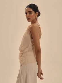 MUSERA Asymmetric Neck Extreme Cut Out Gathered Chiffon Top Spring Elegant Vacation Club Occasion Cute Sexy Romantic Ibiza Fits Holiday Graduation Wedding Guest Going Out Tops ,Elegant - Apricot - View 2