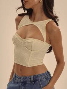 MUSERA 带骨架镂空前蕾丝修身短款束身背心，夏季优雅度假俱乐部场合可爱性感浪漫伊比沙岛风情，适合春季假日穿着 - 黃色 - 查看 4