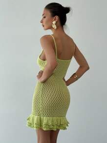 Aloruh Vestido de punto sin mangas de color liso con volante en el bajo - Verde - Ver 7