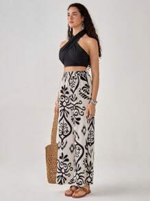 Florisole Bohemian Vacation Bez Ramiączek Crop Top & Szerokie Spodnie 2 Częściowy Zestaw Dla Kobiet