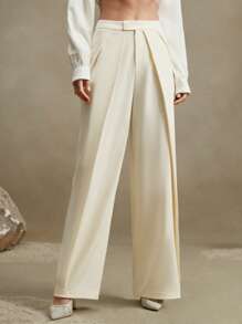 Anewsta Women Elegant Simple Ruffled Hem Design Business Casual Pants, Spring/Summer - Apricot - View 5