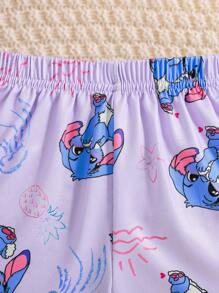 2pcs/Set Girls Cute Cartoon Droopy Ear Rabbit Print Short Sleeve T-Shirt And Shorts Comfy Casual Pajamas Lavender,Summer,Family Matching,Wedding Guest - Purple - View 7