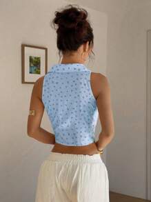 SHEIN Unity Kariertes & kleinteiliges Blumen-Kragen tailliertes ärmelloses Kurzshirt - Blau - Übersicht 2