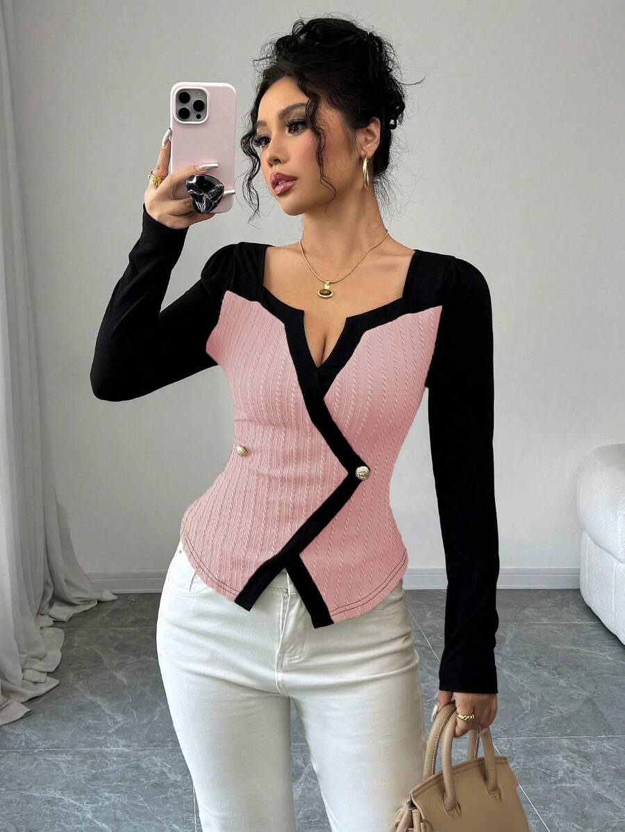 Elenzga Damen modisches, elegantes und lässiges Langarm T-Shirt mit Raglan-Schulter, farblich abgesetztem Rundhalsausschnitt, taillierter A-Linien-Saum, asymmetrischer Saum mit vorgetäuschter Knopfleiste, hergestellt aus strukturiertem khakifarbenem, apricotfarbenem und schwarzem Strickstoff