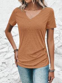 SHEIN Clasi Maglietta casual da donna con scollo a V, maniche corte, con design arricciato con bottoni sui lati