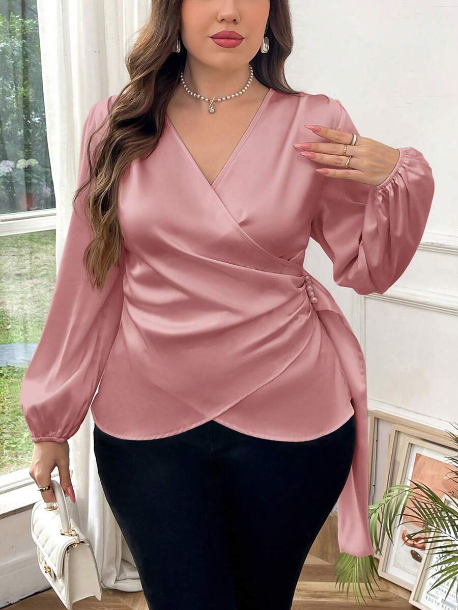 SHEIN Privé Plus Size Women Spring & Autumn Elegant Solid V-Neck Asymmetrical Pleated Pearl Beaded Ruffle Hem Casual Work Blouse Shirt, Long Sleeve Fall - Pink - View 1