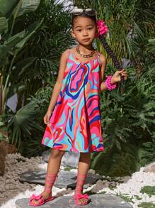 SLAYR KIDS Young Girl Young Girl Tropical Summer Vacation Ruffled Wave Print Slip Dress, Mommy And Me Matching Outfits (3 Pieces Sold Separately)