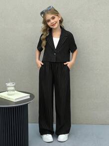 Firerie Kids Firerie Kids Nova Glow Tween 女童纯色梭织翻领短袖夹克和直筒裤休闲装 - 黑色 - 查看 2