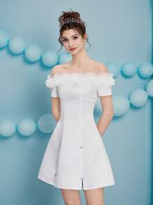 Poshira Vestido mini de mujer con hombros descubiertos y decoración de moño, vestido apropiado para invitada de boda, fiesta de noche y cumpleaños. Vestidos mini elegantes para mujer, vestidos de fiesta, vestidos lindos para mujer, vestido de fiesta para damas, vestidos de cumpleaños para mujer, vestidos de cóctel para mujer, vestido de graduación