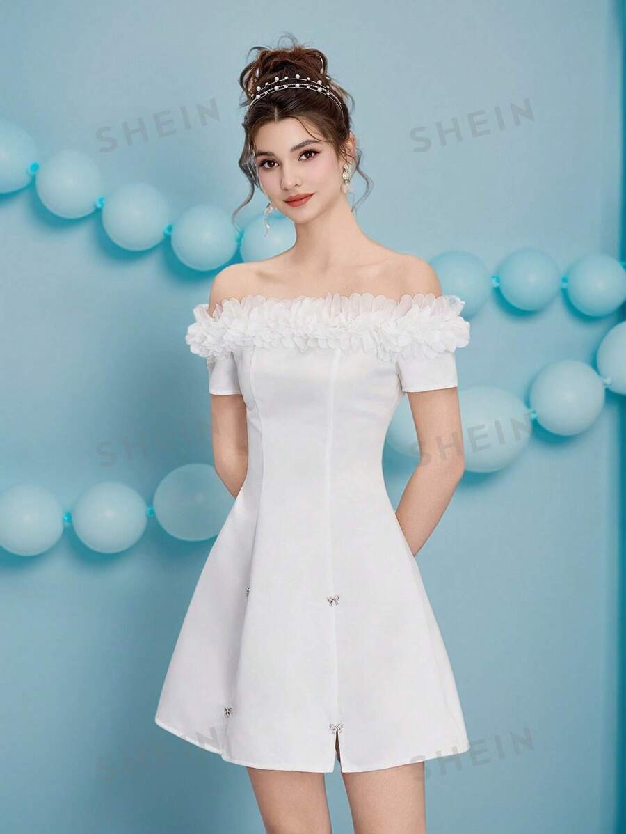 Poshira Vestido mini de mujer con hombros descubiertos y decoración de moño, vestido apropiado para invitada de boda, fiesta de noche y cumpleaños. Vestidos mini elegantes para mujer, vestidos de fiesta, vestidos lindos para mujer, vestido de fiesta para damas, vestidos de cumpleaños para mujer, vestidos de cóctel para mujer, vestido de graduación