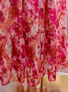 Soleia Plus Size Women's Spring/Valentine's Day Pink Floral Print Square Neck Ruched Chest Ruffled Sleeve Chiffon Maxi Dress,Beach Dress Sundress,Holiday Outfits Boho - Multicolor - View 3