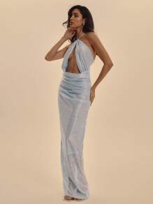 MUSERA Halterneck Cut Out Ruched Waist Floral Satin Fitted Maxi Dress Spring Summer Vacation Elegant Prom Graduation Long Dress - Blue - View 1