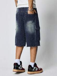 ROMWE MEN Casual سروال قصير من الجينز عريض الساق للرجال مبهت المظهر - الأسود - مشاهدة 3