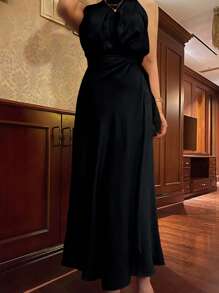 DAZY 2pcs/Set Women Solid Color Stand Collar Top And A-Line Skirt Spring & Summer - Black - View 4