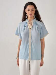Florisole Elegant Vacation Ruffle Trim Women's Blouse - Blue - View 4