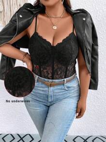 SHEIN LUNE Plus Lace Cami Bodysuit - Black - View 1