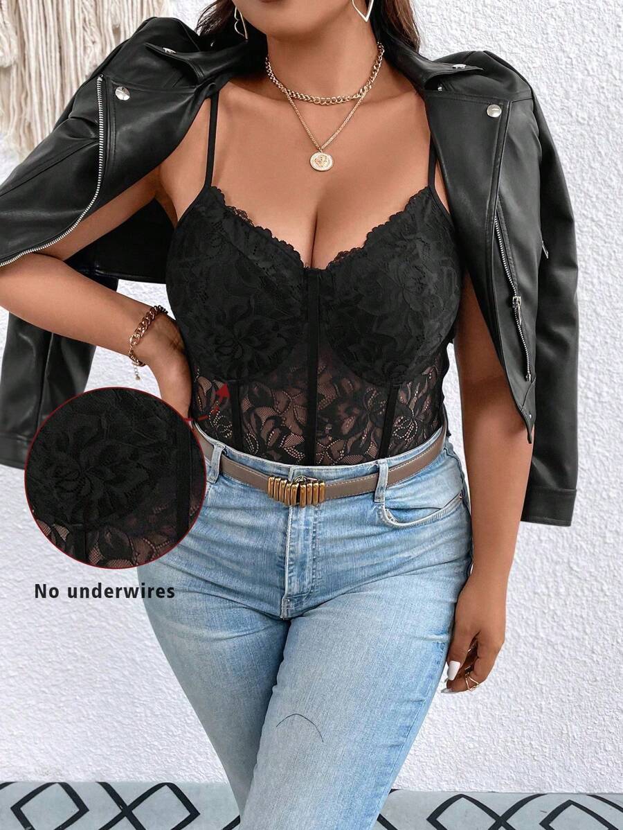 SHEIN LUNE Plus Lace Cami Bodysuit - Black - View 1