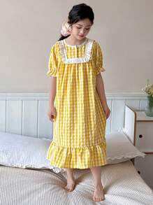 Dazy Kids 青少年女孩秋装，青少年女孩圆领编织格子短袖睡袍家居服，夏季，返校服 - 黃色 - 查看 6