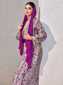 Al Najma 女士花卉印花 V 领长袖优雅阿拉伯风格连衣裙，端庄