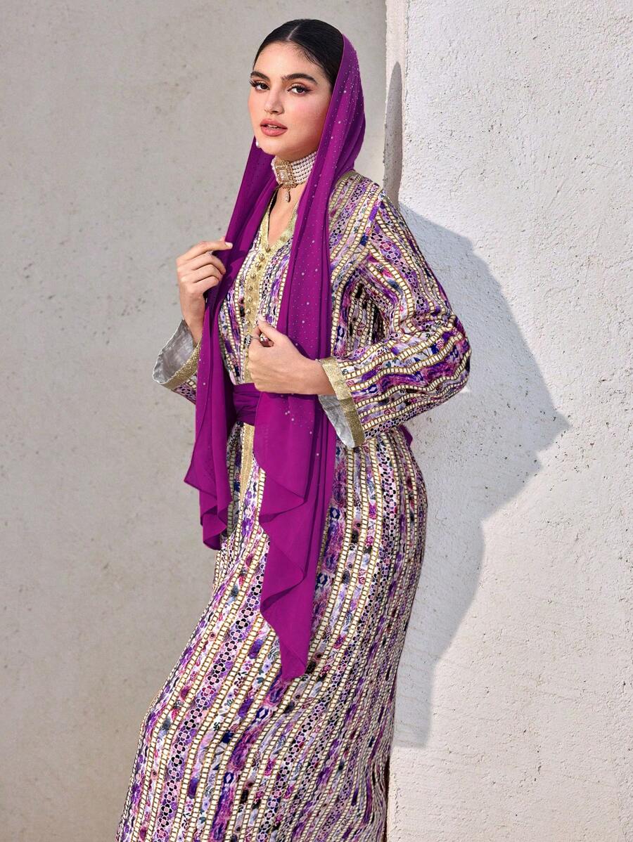 Al Najma 女士花卉印花 V 领长袖优雅阿拉伯风格连衣裙，端庄