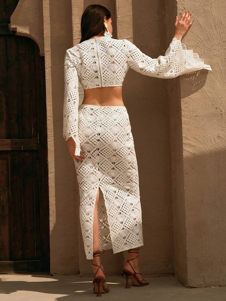 Women's Boho Vacation Beach Open Knitted Long Sleeve Maxi Dress, Summer