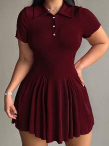 Flirla Plus Size Solid Color Casual Collared Short Sleeve Dress - Burgundy - View 6