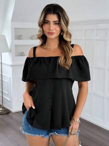 Flirla 夏季大码休闲无袖露肩前扣衬衫 - 黑色 - 查看 3