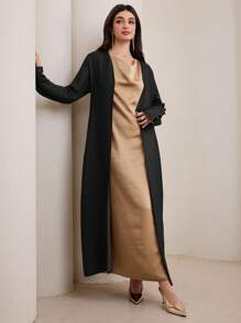 Graceveil 女士纯色长款大衣和无袖连衣裙阿拉伯风格套装，端庄，长袍，阿巴雅 - 黑色 - 查看 4