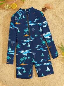 SHEIN Tween Boys Full Print Snug Fit One-Piece Knitted Swimsuit, Casual - Navy Blue - View 3