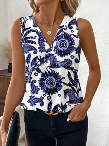 SHEIN Clasi 女士 V 领无袖休闲衬衫，饰有向日葵和骏马图案 - 藍色 - 查看 1