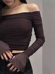 DAZY Women's Solid Color Oblique Open Shoulder Wrap Short Sleeve T-Shirt, Spring/Summer/Autumn,Off Shoulder Top Long Sleeve Women Tops,Fall Women Clothes Crop Women Tops