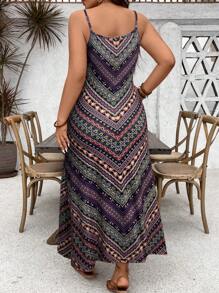 Vionelle Plus Size Women Vintage Style Striped Printing Spaghetti Strap Dress Maxi Women Outfit - Multicolor - View 2