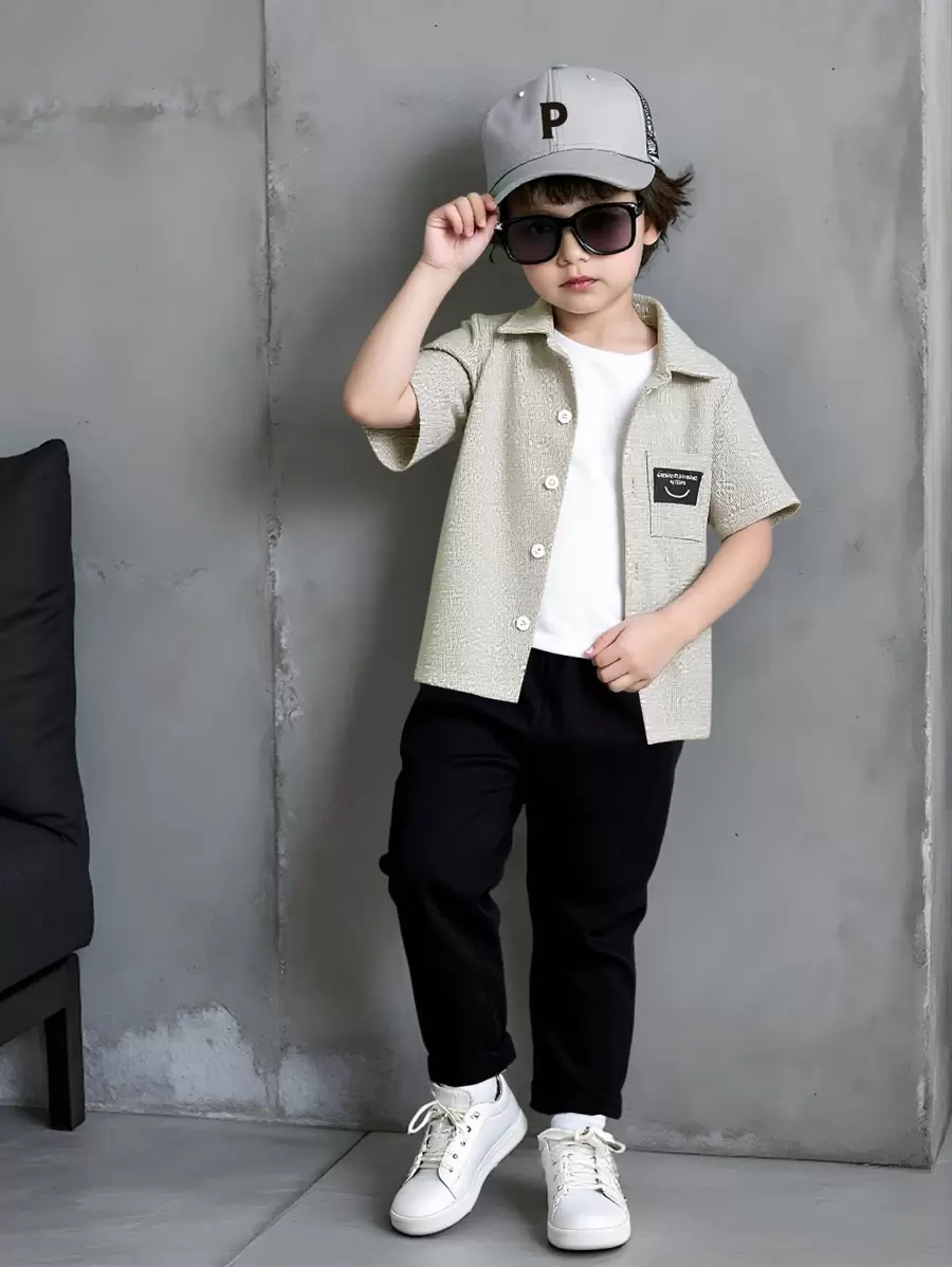 SHEIN Mirajuku Young Boys' Short Sleeve Top And Pants Set With Patches - Grey - View 1