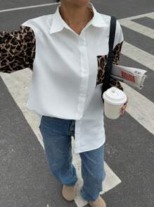 Siren Gaze 女士豹纹拼布长袖休闲衬衫，复古简约女士衬衫，街头风格豹纹衬衫 - 彩色 - 查看 4