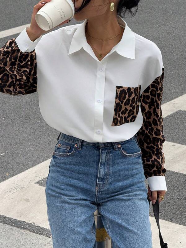 SHEIN Essnce Cămașă casual cu mânecă lungă cu imprimeu leopard pentru femei, bluză retro minimalistă pentru femei, cămașă cu imprimeu leopard în stil stradal