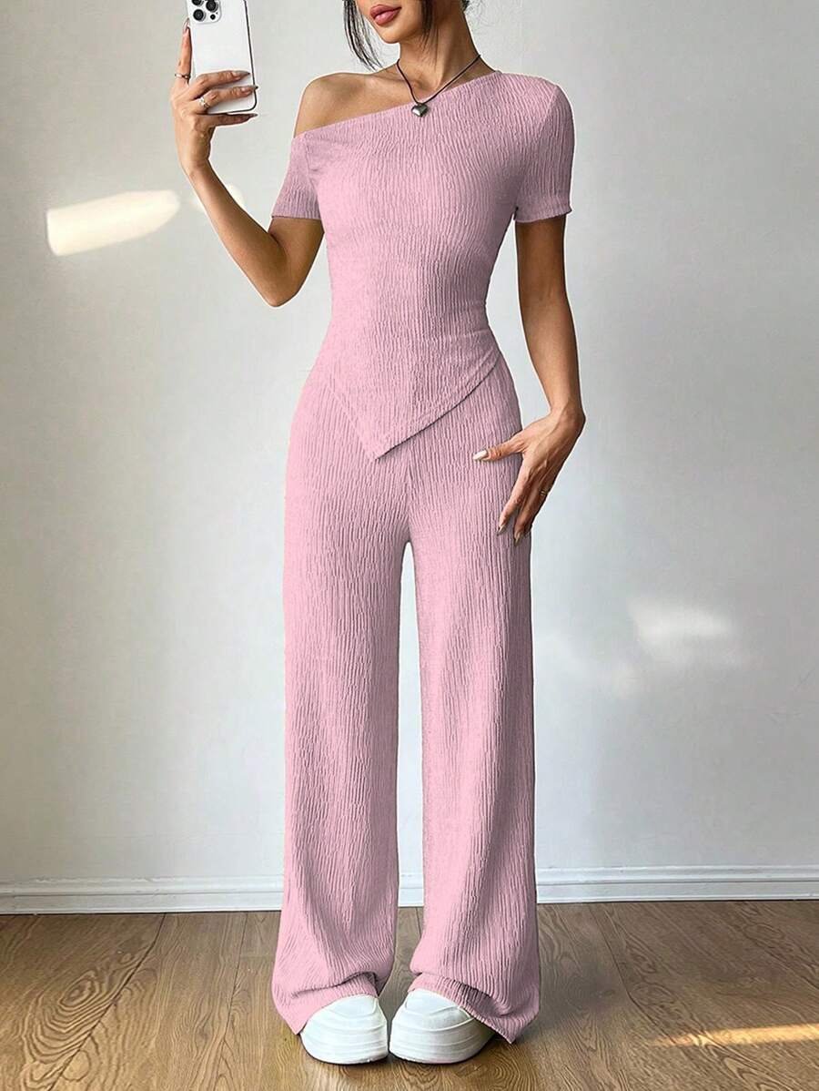 Flirla 2 Pieces Set: Casual Asymmetric Shoulder T-Shirt + Wide Leg Low Waist Pants - Pink - View 1