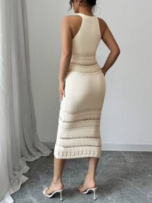 Gloray Women Elegant Vacation Semi-Sheer Halter Neck Fitted Mid-Calf Sweater Dress, Spring/Summer