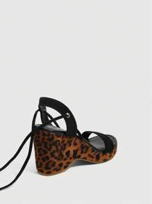 CUCCOO SZL 女士黑色豹纹坡跟厚底凉鞋，性感交叉带女士凉鞋