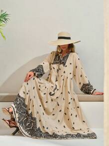 SHEIN Cottnline Women Maxi Button Detailed Black Retro Printed Dress - Black and White - View 7