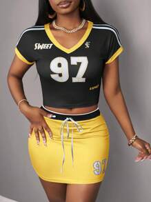Slaydiva Casual, Simple, Versatile Women's Set For Spring/Summer, Suitable For Music Festivals, Easter, Nashville, Birthday Parties, Graduation, Daily Outings, Vacation, Cruise Travel, Beach, Sunbathing, Streetwear, Featuring Numeric, Lettering, Color Blocking Prints, Student Wear, Back To School