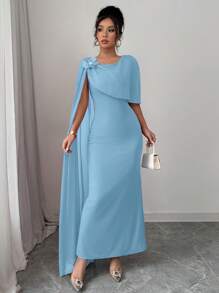 Rafferiza Elegant Floral Applique Sleeveless Chiffon Semi-Sheer Bodycon Dress, Red Color, Suitable For Formal Occasions, Spring/Summer - Baby Blue - View 6